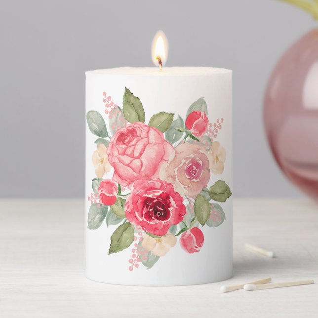 Painted Pink Roses Bouquet Pillar Candle (In Situ)