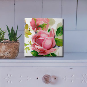 Painted Pink Roses in Vintage style Ceramic Tile