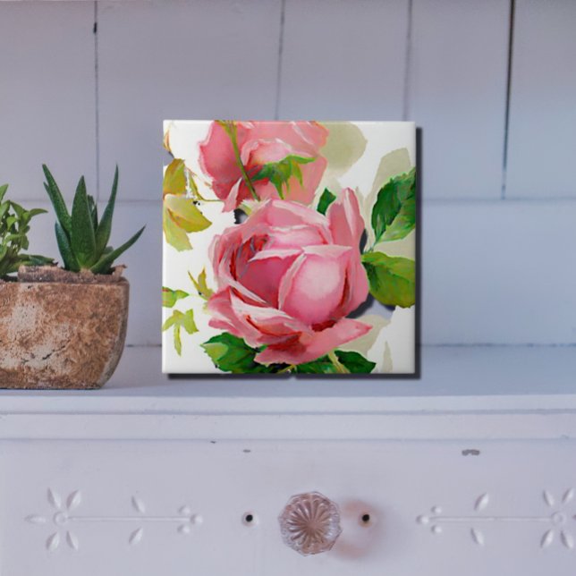Painted Pink Roses in Vintage style Ceramic Tile (Creator Uploaded)