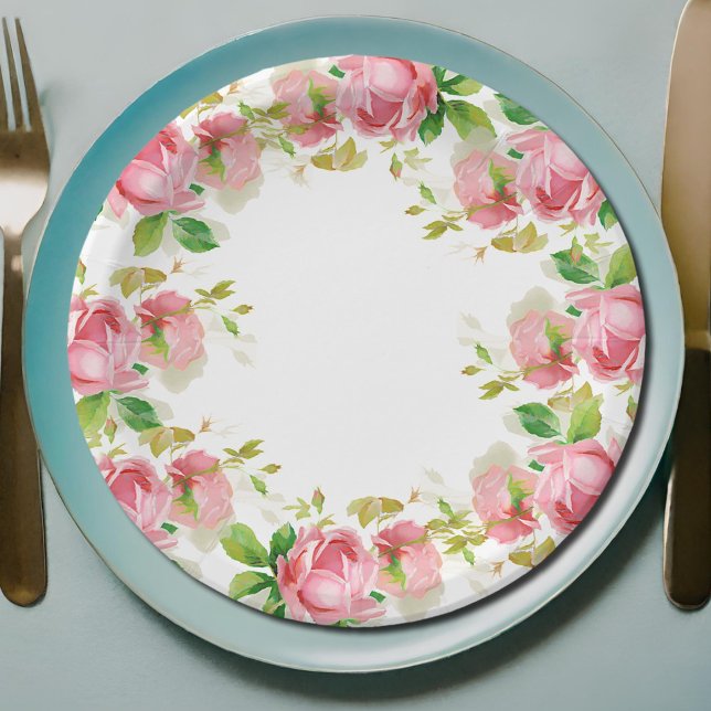 Painted Pink Roses in Vintage style Paper Plates (Creator Uploaded)