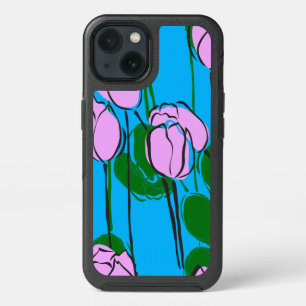 Painted Pink Tulips on Sky Blue OtterBox iPhone 13 Case