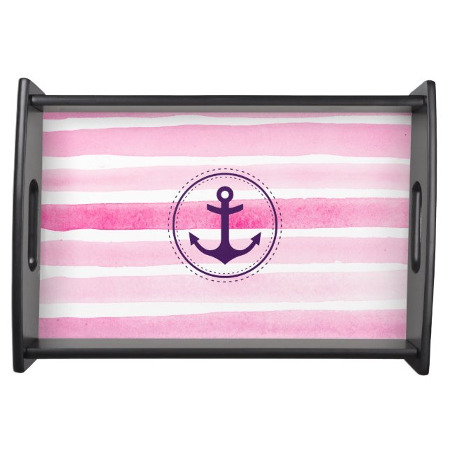 Painted Pink Watercolor Stripes Nautical Anchor Serving Tray (Front)