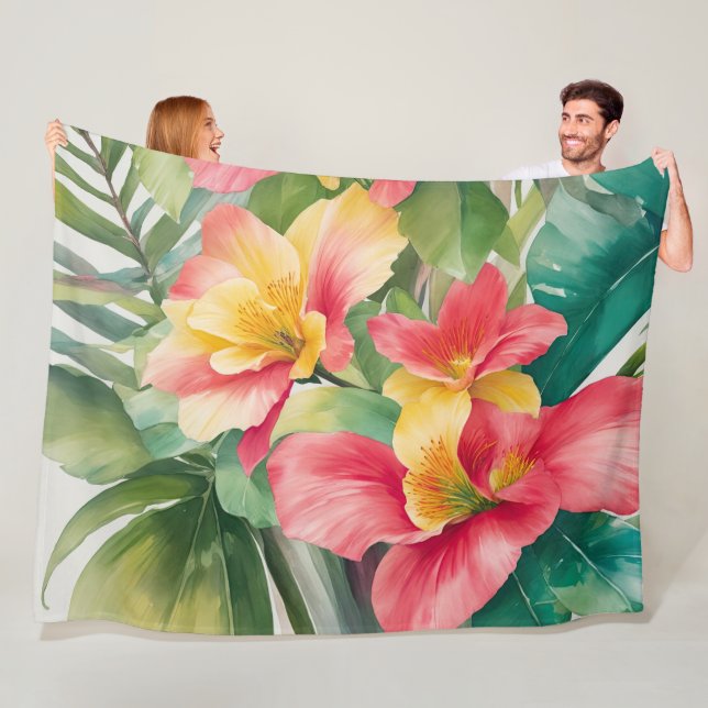 Painted Pink Yellow Tropical Flowers and Foliage Fleece Blanket (In Situ)