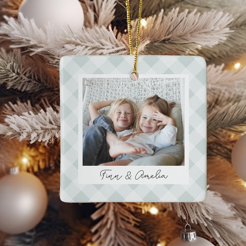 Painted Plaid Double Sided Personalized Photo Ceramic Ornament