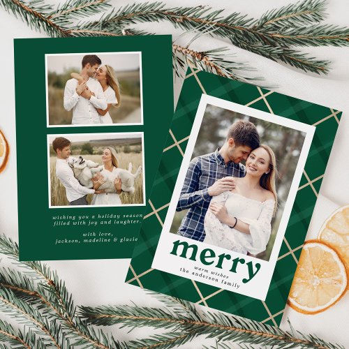 Painted Plaid Green and Gold 3 Photo Holiday Card