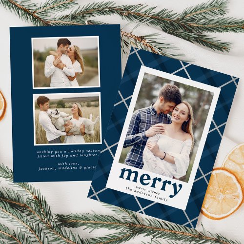 Painted Plaid Navy and Silver 3 Photo Holiday Card