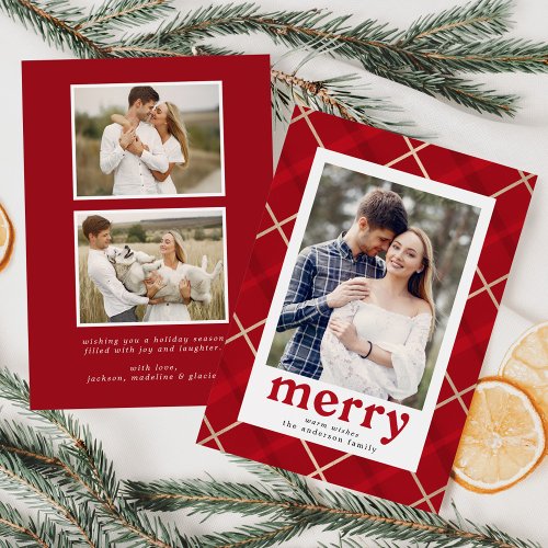 Painted Plaid Red and Gold 3 Photo Holiday Card