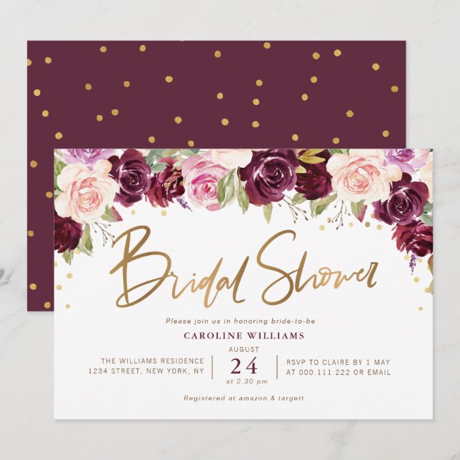 painted plum purple & peach floral bridal shower invitation (Front/Back)