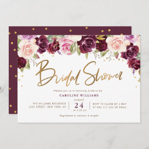 painted plum purple & peach floral bridal shower invitation