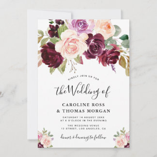painted plum purple roses wedding invitation