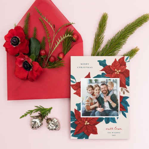 Painted Poinsettias Christmas Photo Holiday Card