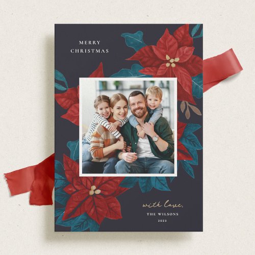 Painted Poinsettias Christmas Photo Holiday Card