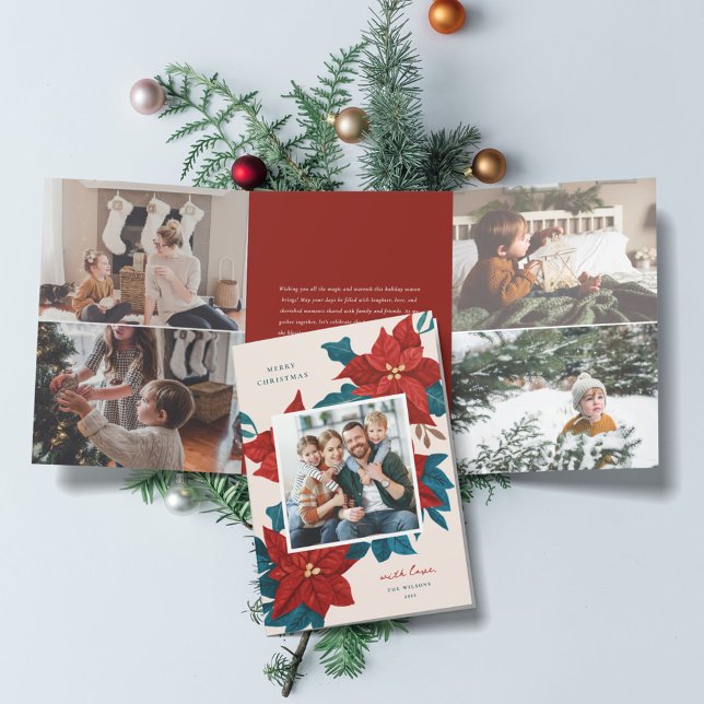 Painted Poinsettias Christmas Photo Tri-Fold Holiday Card (Creator Uploaded)