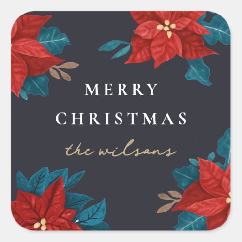 Painted Poinsettias Christmas Square Sticker