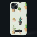 Painted Pots with Succulents and Cacti Pattern iPhone 13 Case<br><div class="desc">Cute and modern iPad mini case featuring cacti and succulents in painted hearts pots with a mint background. This personalized case will be perfect as a gift. Similar designs are available.</div>
