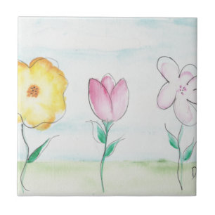 Painted Primitive Flowers Ceramic Tile