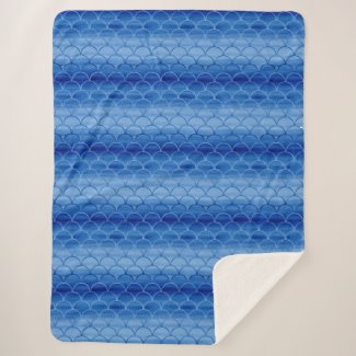 Painted Prussian Blue Watercolor Scale Pattern Sherpa Blanket