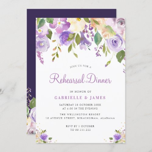 Painted purple and peach floral Rehearsal dinner Invitation