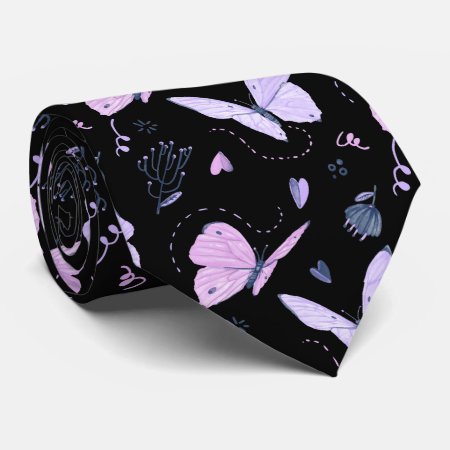 Painted Purple Butterflies On Night Background Neck Tie