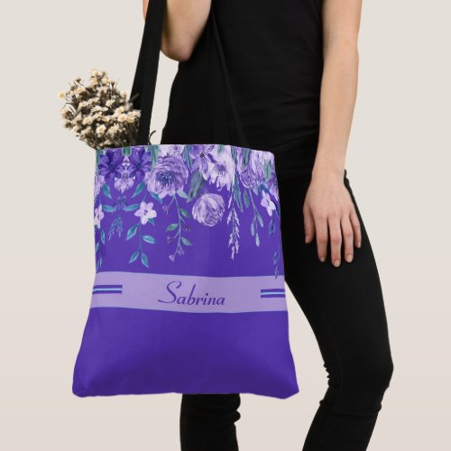 Painted Purple Flowers Monogrammed Tote Bag