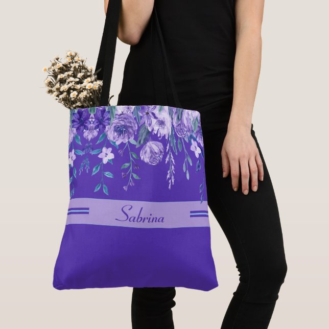 Painted Purple Flowers Monogrammed Tote Bag (Close Up)