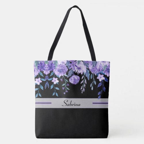 Painted Purple Flowers Monogrammed Tote Bag