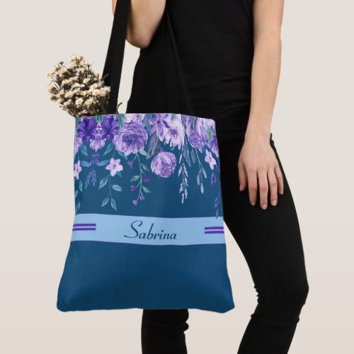 Painted Purple Flowers Monogrammed Tote Bag