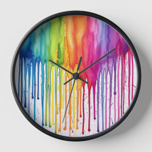 Painted Rainbow Watercolour Paint Drips Abstract Clock