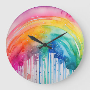 Painted Rainbow Watercolour Paint Drips Abstract Large Clock