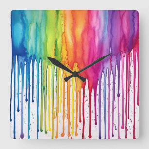 Painted Rainbow Watercolour Paint Drips Abstract  Square Wall Clock