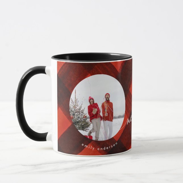 Painted Red Black Plaid Two Photo Holiday Mug (Left)