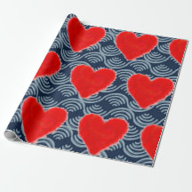 PAINTED RED HEART ON BLUE BACKGROUND GIFT WRAPPING