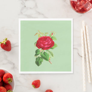 Painted Red Rose on Light Green Napkins
