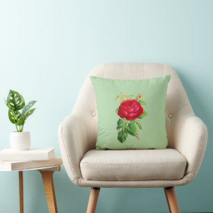 Painted Red Rose on Light Green Throw Pillow