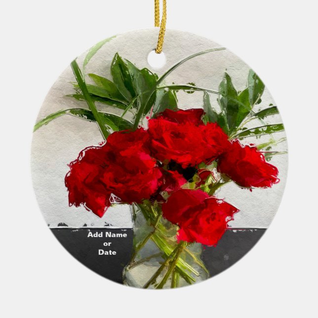 Painted Red Roses on Black and White Background Ceramic Ornament (Front)