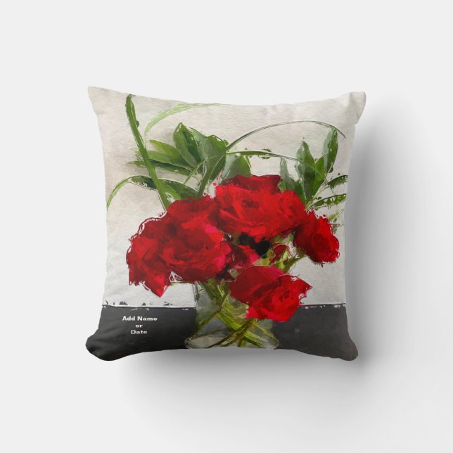 Painted Red Roses on Black and White Background  Throw Pillow (Front)