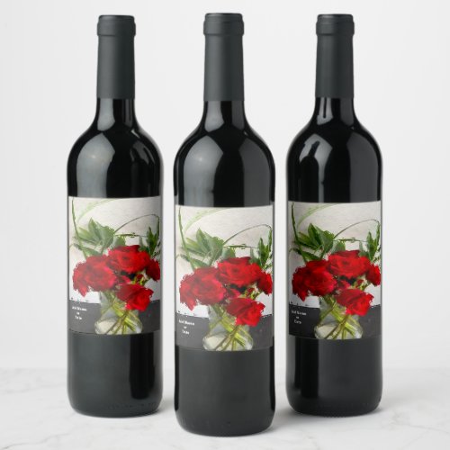 Painted Red Roses on Black and White Background Wine Label