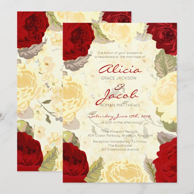 Painted Red Roses Wedding Invitation (Front/Back)