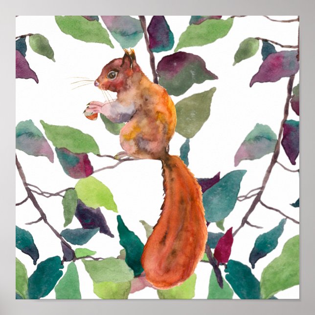 Painted Red Squirrel Acorns Tree Branches Rustic Poster (Front)