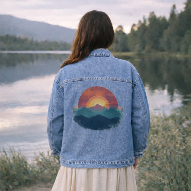 Painted Retro Mountain Sunset Art - Nature Jean Denim Jacket (Creator Uploaded)