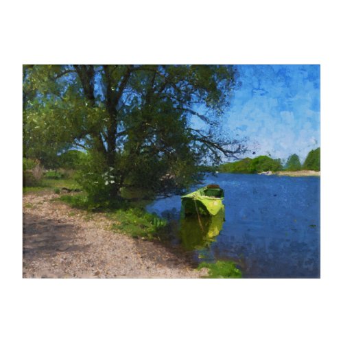 Painted riverbank Havel river with beach and boat Acrylic Print