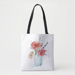 Painted Roses in Mason Jar Floral Monogram Tote Bag