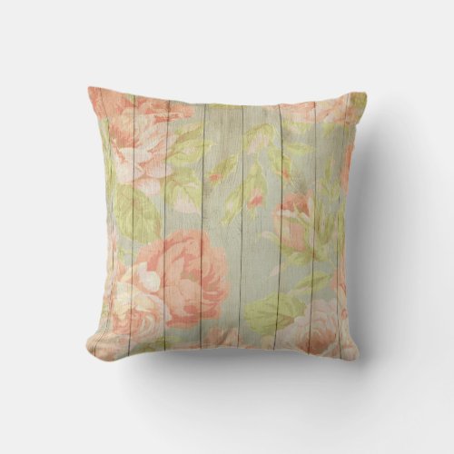 Painted Roses on Antique Wood Boards Throw Pillow