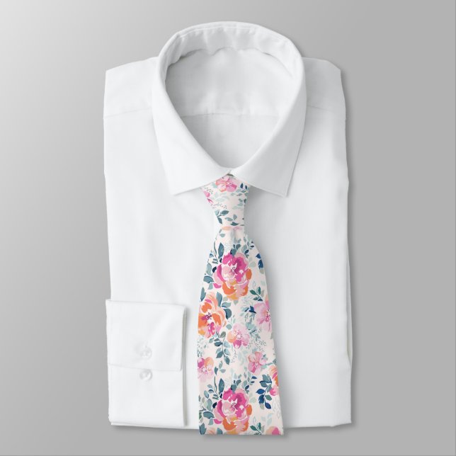 Painted Roses Pattern Neck Tie (Tied)