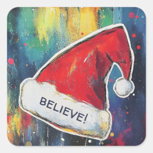 Painted Santa Hat on Festive Night Background Square Sticker