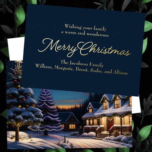 Painted Scene of Christmas House Foil Holiday Card