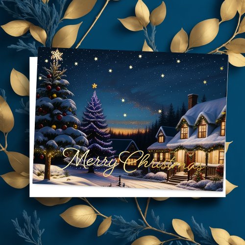 Painted Scene of Christmas House Foil Holiday Card