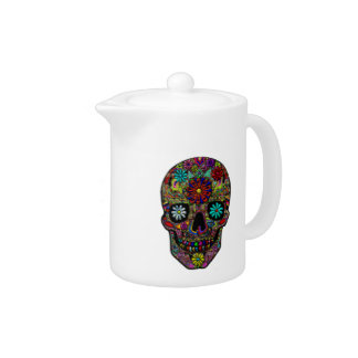 Painted Skull Floral Art Teapot