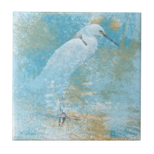 Painted Snowy Egret Small Square Tile