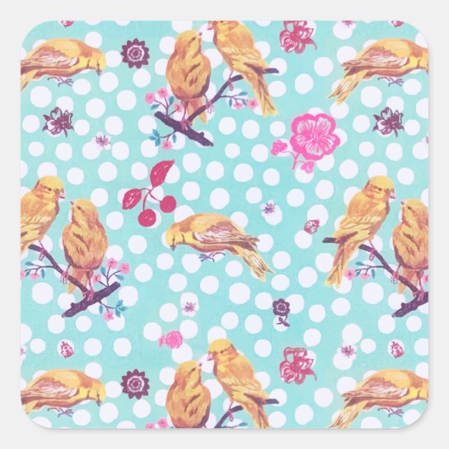 Painted Spring Cherry Blossom Bird Flowers Square Sticker (Front)